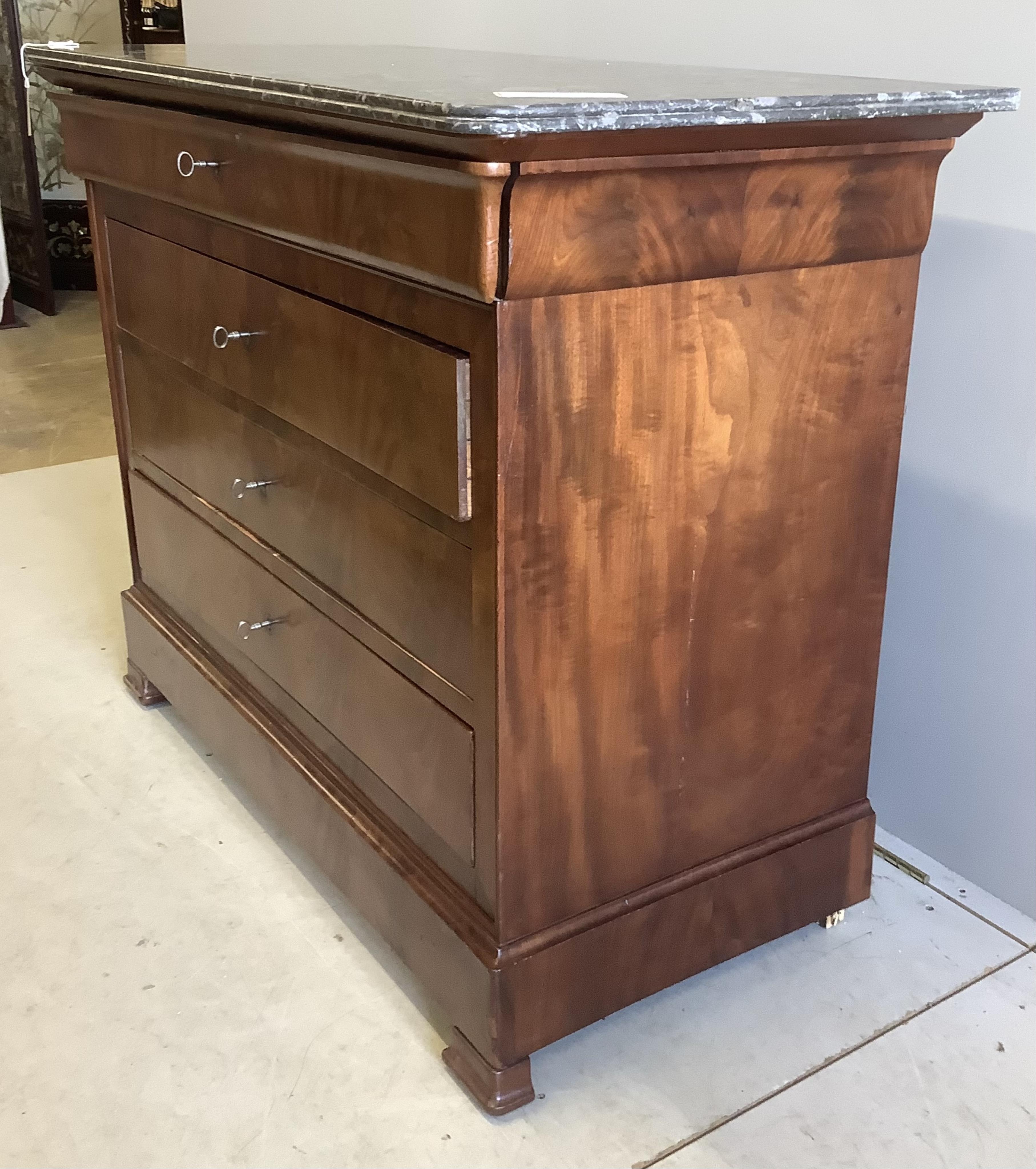 A 19th century French mahogany marble top commode, width 120cm, depth 57cm, height 95cm. Condition - good